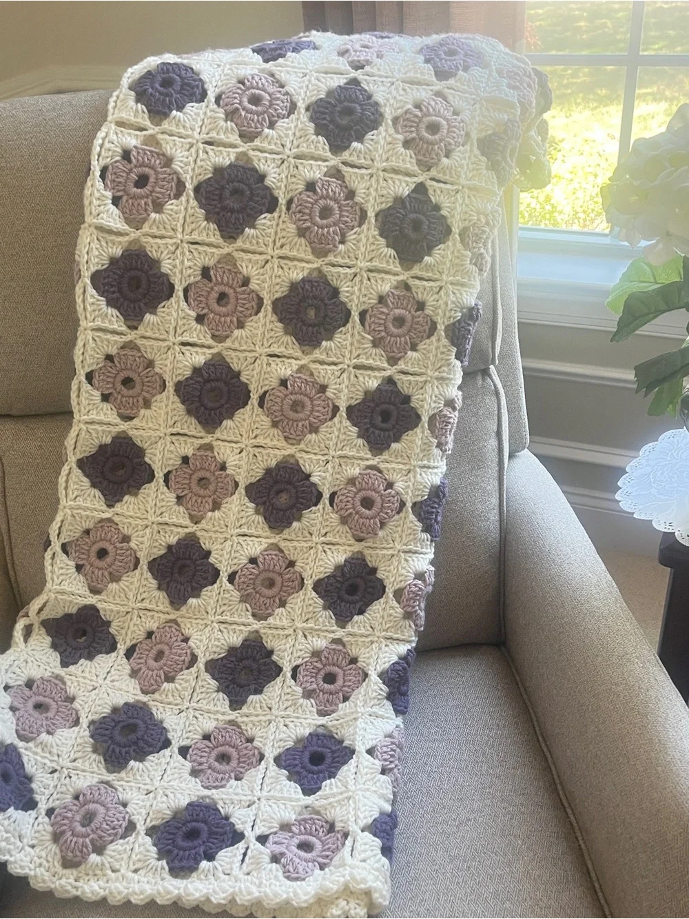 Handmade Crochet Granny Square blanket in Cream and Purple